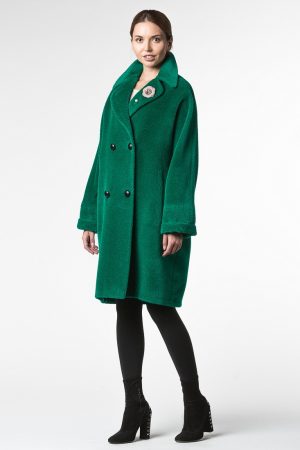 Двубортное пальто альпака ярко-зеленого цвета
