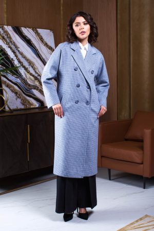 Купить Двубортное демисезонное пальто из шерсти принта голубая клетка